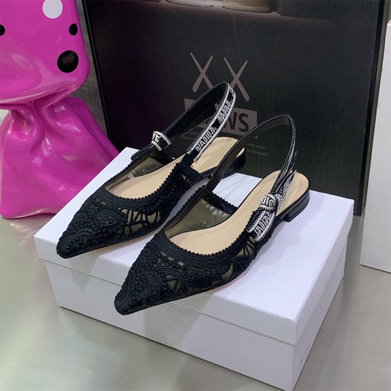 Women's Letter Lace Wedding Mesh Flat Kitten Pointed Sandals