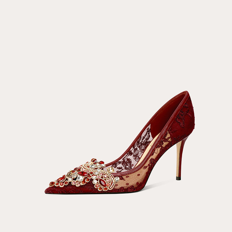 Women's Sheepskin Sexy High Red Bridal Wedding Elegant Colored Brick Pointed Women's Fashion Shoes