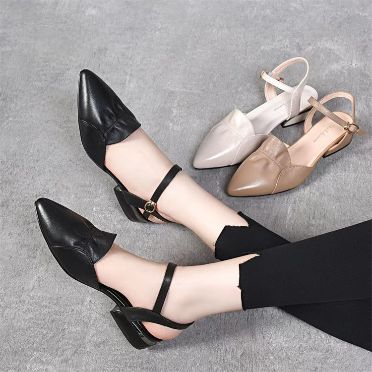 Women's Cowhide Pointed Buckle Hollow Back Empty Chunky High Heeled Sandals