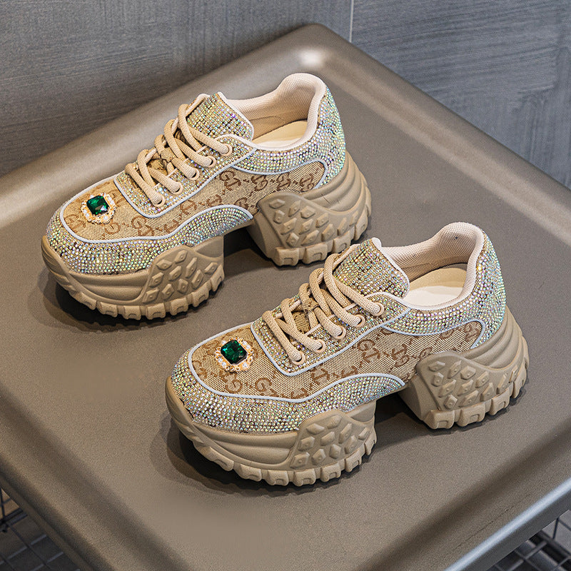 Women's Dad Platform Height Increasing Rhinestone Denim Korean Fashion Street Women's Sports Shoes
