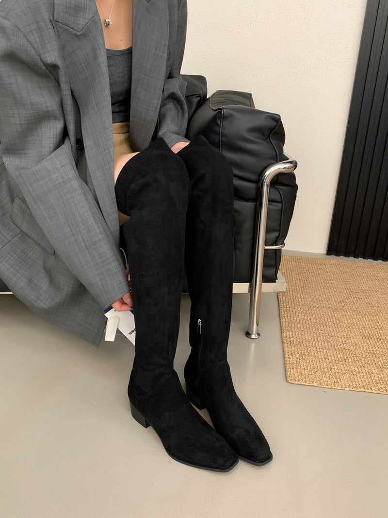 Female Tube Tail British Style Height Increasing Insole Square Women's Leather Boots