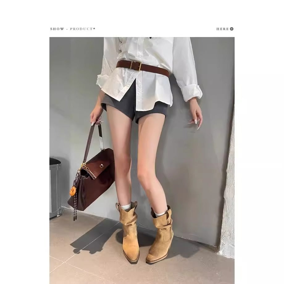 Women's Version Chunky Martin Retro Western Cowboy Pile Style Square Women's Leather Boots