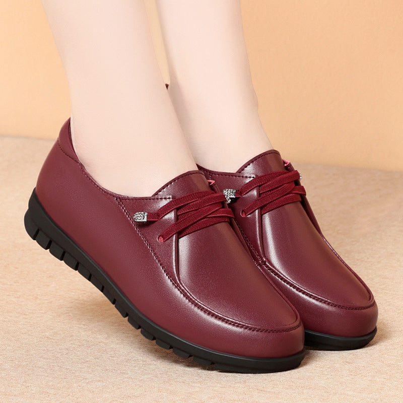 Mom Pumps Large Size Flat Bottom Leather Shoes