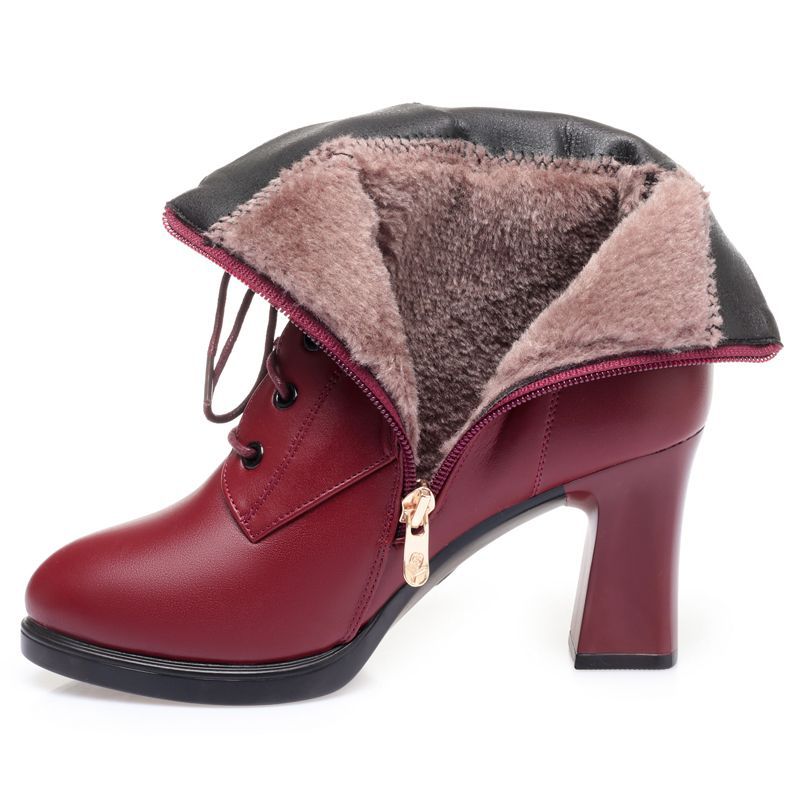 Women's & Men's High Short Fleece Thick Side Zipper Women's Leather Boots