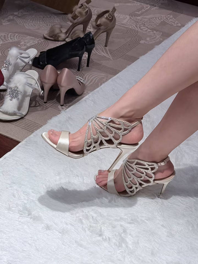 Women's Open Toe Rhinestone Hollow Bow Satin Buckle High Heeled Sandals