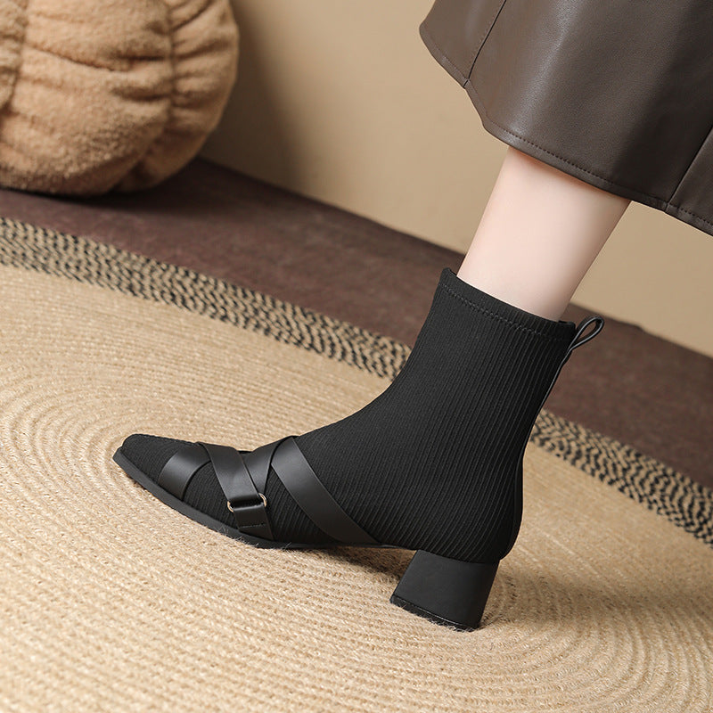 Cross Belt Buckle Square Toe Sleeve Boots