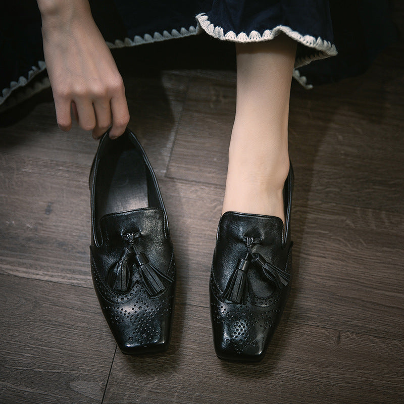 Women's Square Head Light Luxury First Layer Cowhide Tassel Slip-on Pumps Women's Casual Shoes