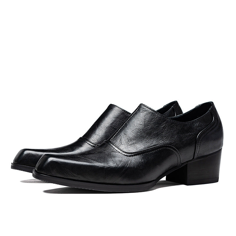 Men's High Square Toe First Layer Cowhide Leather Shoes