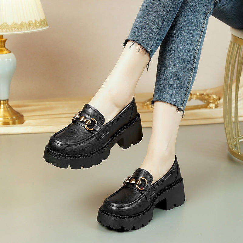 Women's Cowhide Black Patent Platform Thick Bottom Heightened Women's Casual Shoes