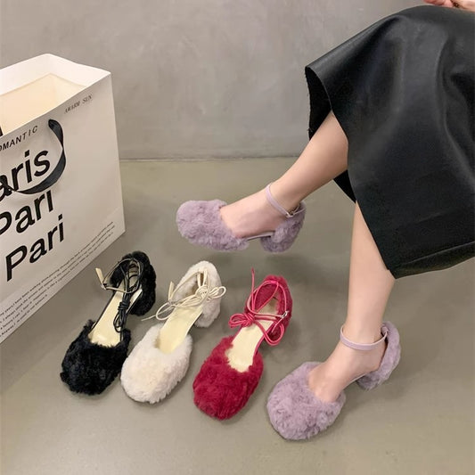 Women's Square Head Hollow Fluffy Fashionable Mary Jane Autumn Heels