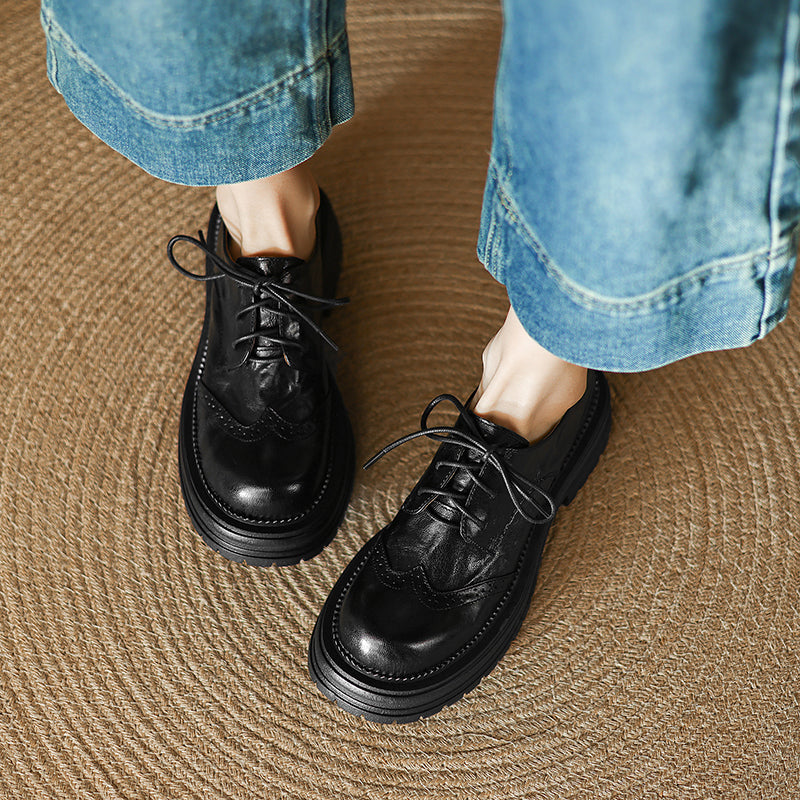 Women's Sheepskin Platform Carved Spring British Retro Leather Shoes