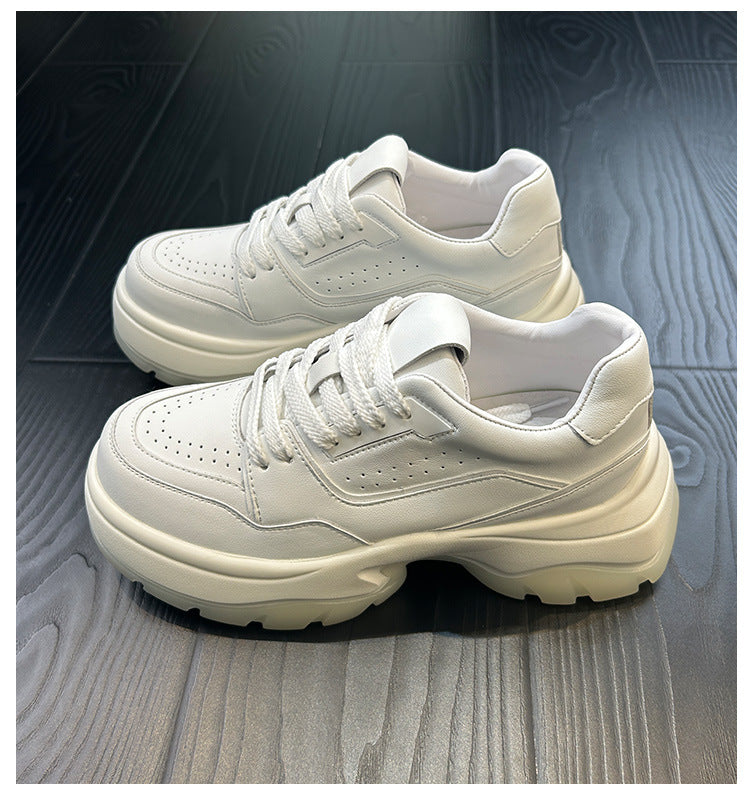 Women's Platform White Lace Up Increased Versatile Leather Shoes