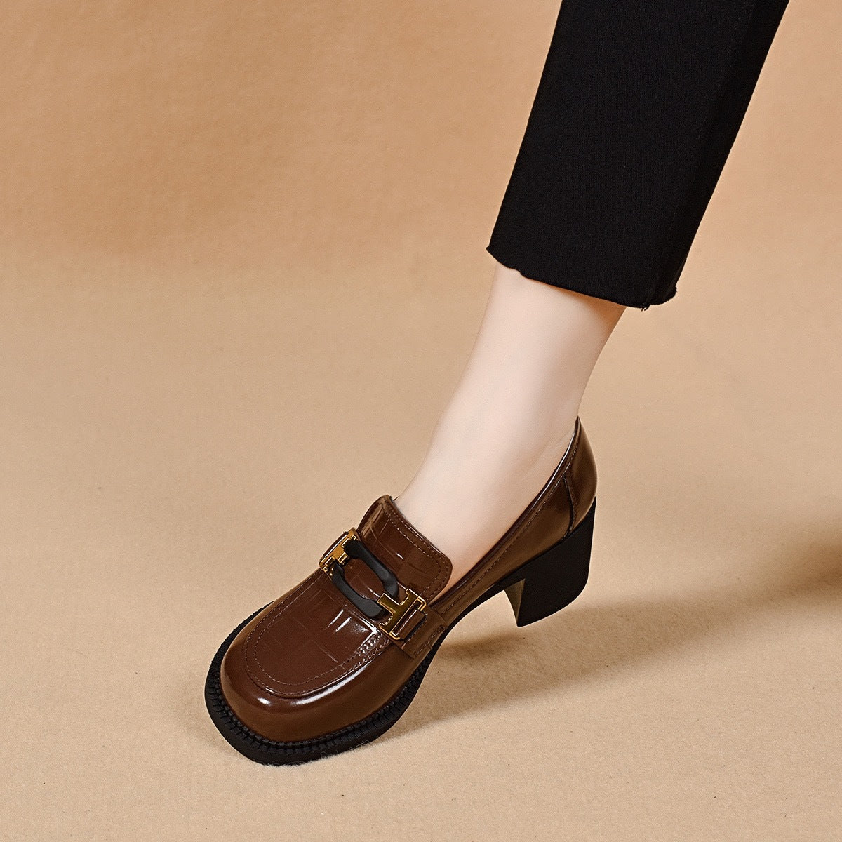 British Style Small Versatile Thick-soled High Metal Buckle Chunky Loafers
