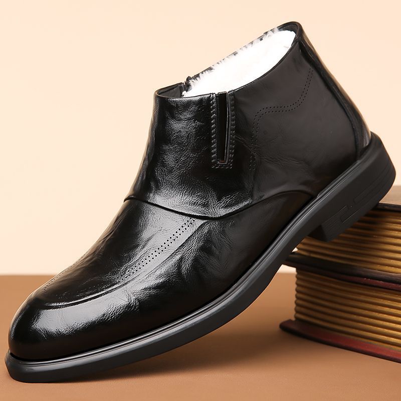 Men's Winter Fleece-lined Formal Business Pointed Genuine Pedal British Men's Casual Leather Shoes