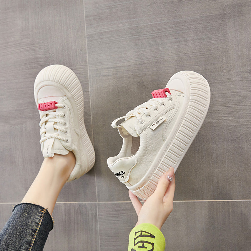 Women's Genuine Live White Spring Versatile Platform Muffin Sneakers
