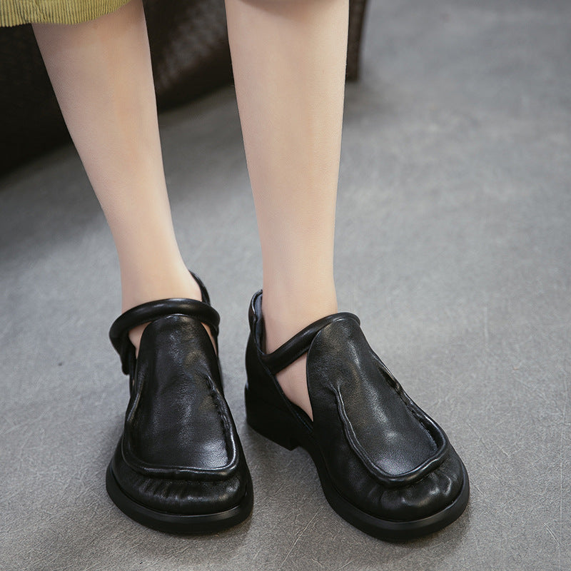 Women's Style First Layer Cowhide Commuter Hollow Closed Toe Platform Sandals