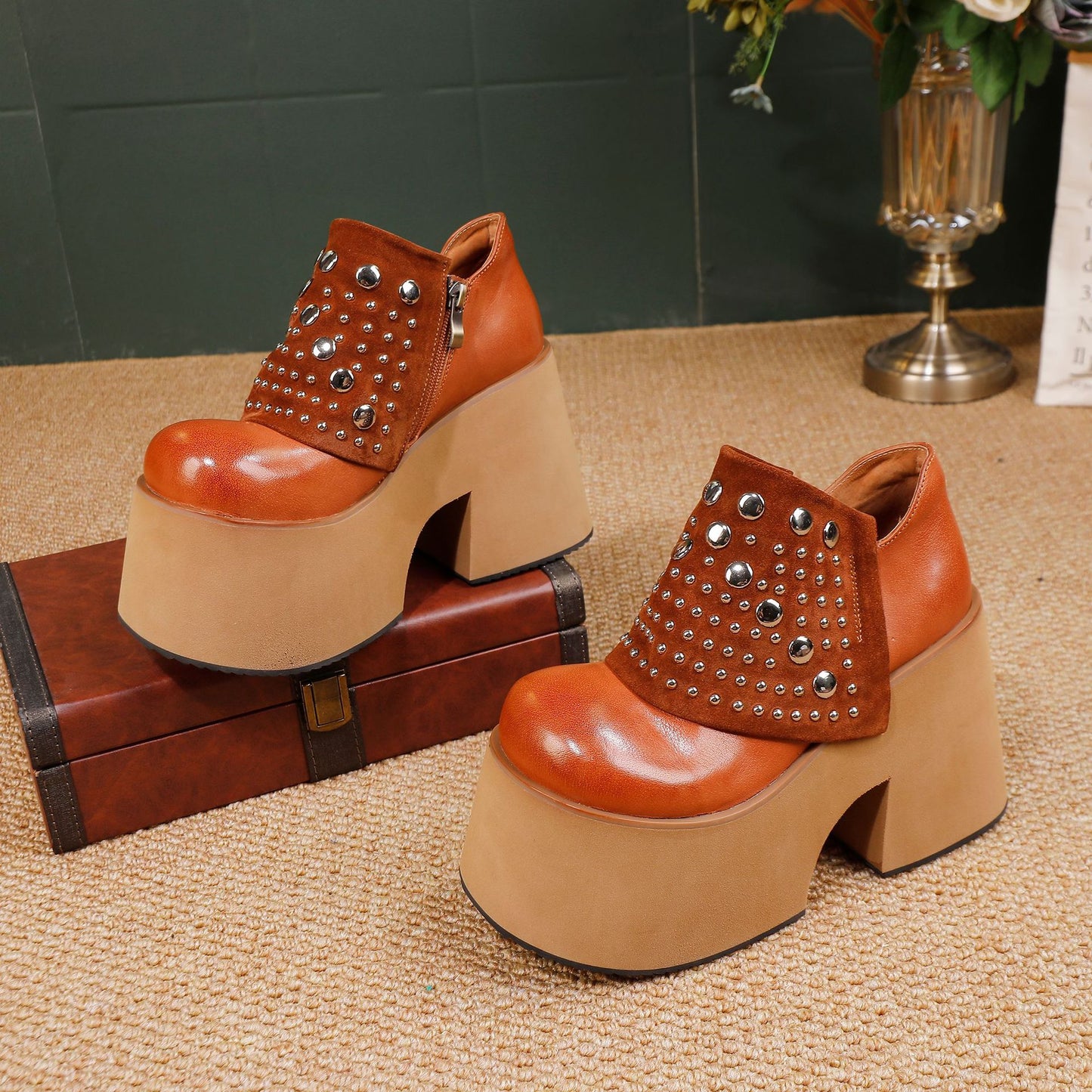 Elevator First Layer Cowhide Ankle Rivet Fashionable Women's Leather Boots