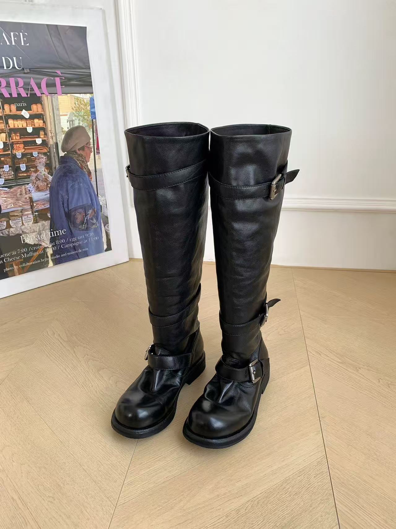 Version Classic Knight Martin Solid Color Belt Buckle Pile Style Women's Leather Boots
