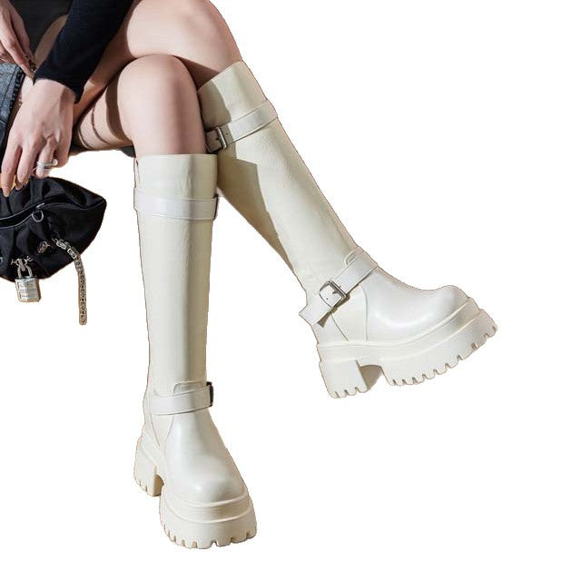 Muffin Platform Thin Slim Fit Tall Knight Height Increasing Insole Women's Leather Boots