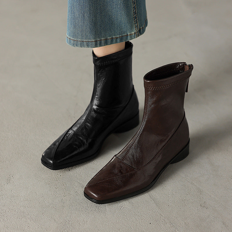 Women's Sheepskin Booties Genuine Temperament Square Toe Soft Bottom Comfortable Flat Women's Leather Boots