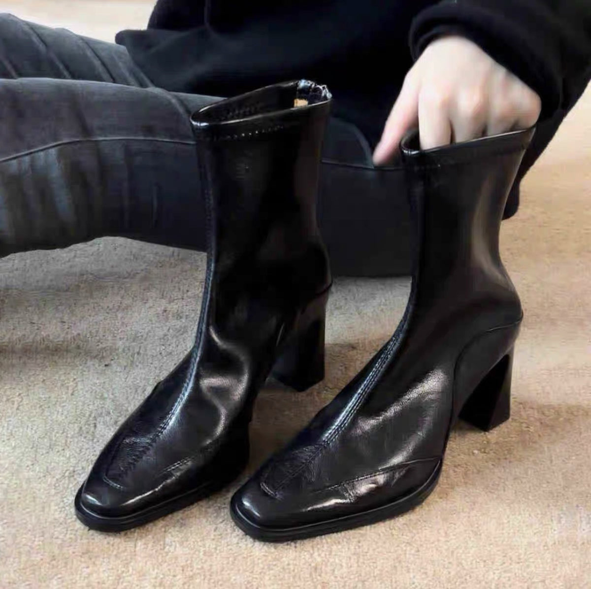 Women's Cowhide French Retro Skinny High Chunky Booties Square Women's Leather Boots