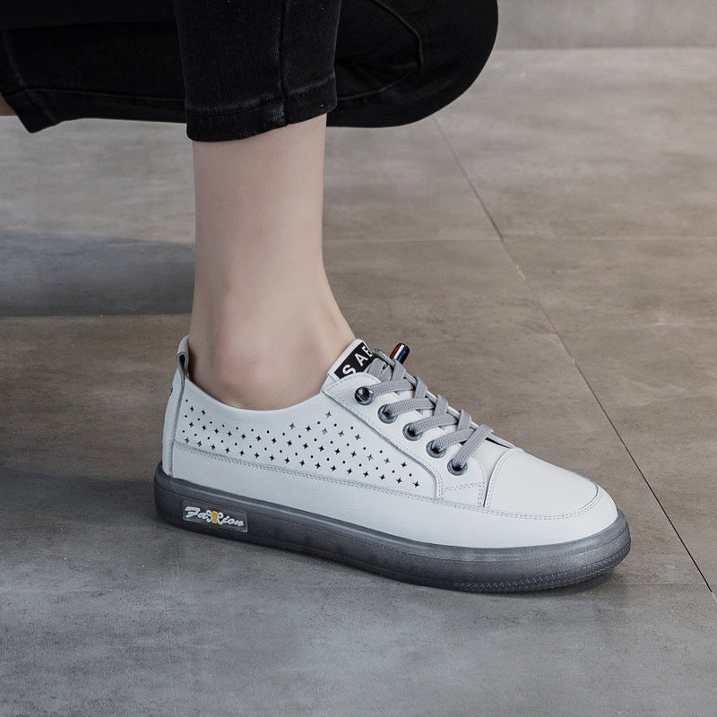 Women's Layer Cowhide Plus Size White Soft Sole Hollow Casual Shoes