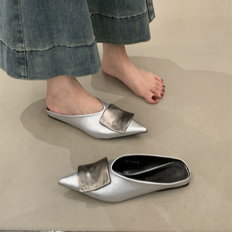Women's Metal Buckle Closed Toe Half Outer Wear Summer Height Increasing Sandals