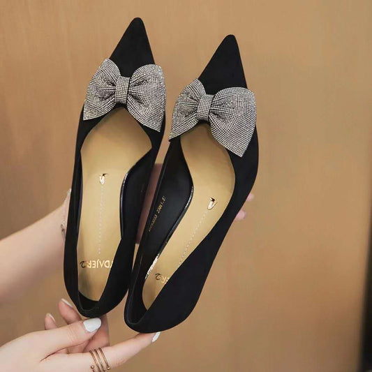 Women's Pointed Stiletto Shallow Mouth Black Bow Women's Shoes