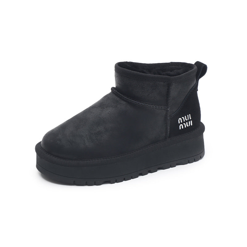 Women's Winter Cowhide Wool Bootie Thick Bottom Snow Boots