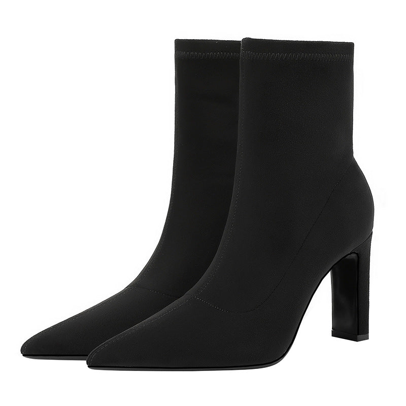 Women's Short Black Khaki Suede Socks Chunky Women's Leather Boots