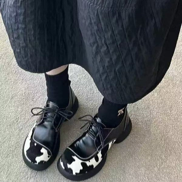 Cow Color Matching Muffin Big Head Pumps Leather Shoes