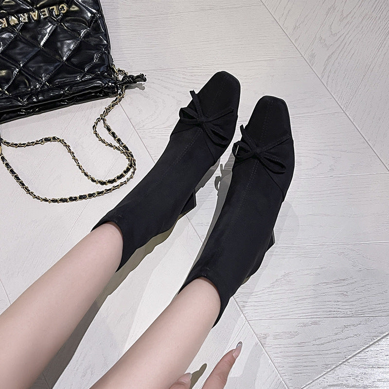Women's Bow Back Zipper Temperament Square Toe High Short Thick Women's Leather Boots