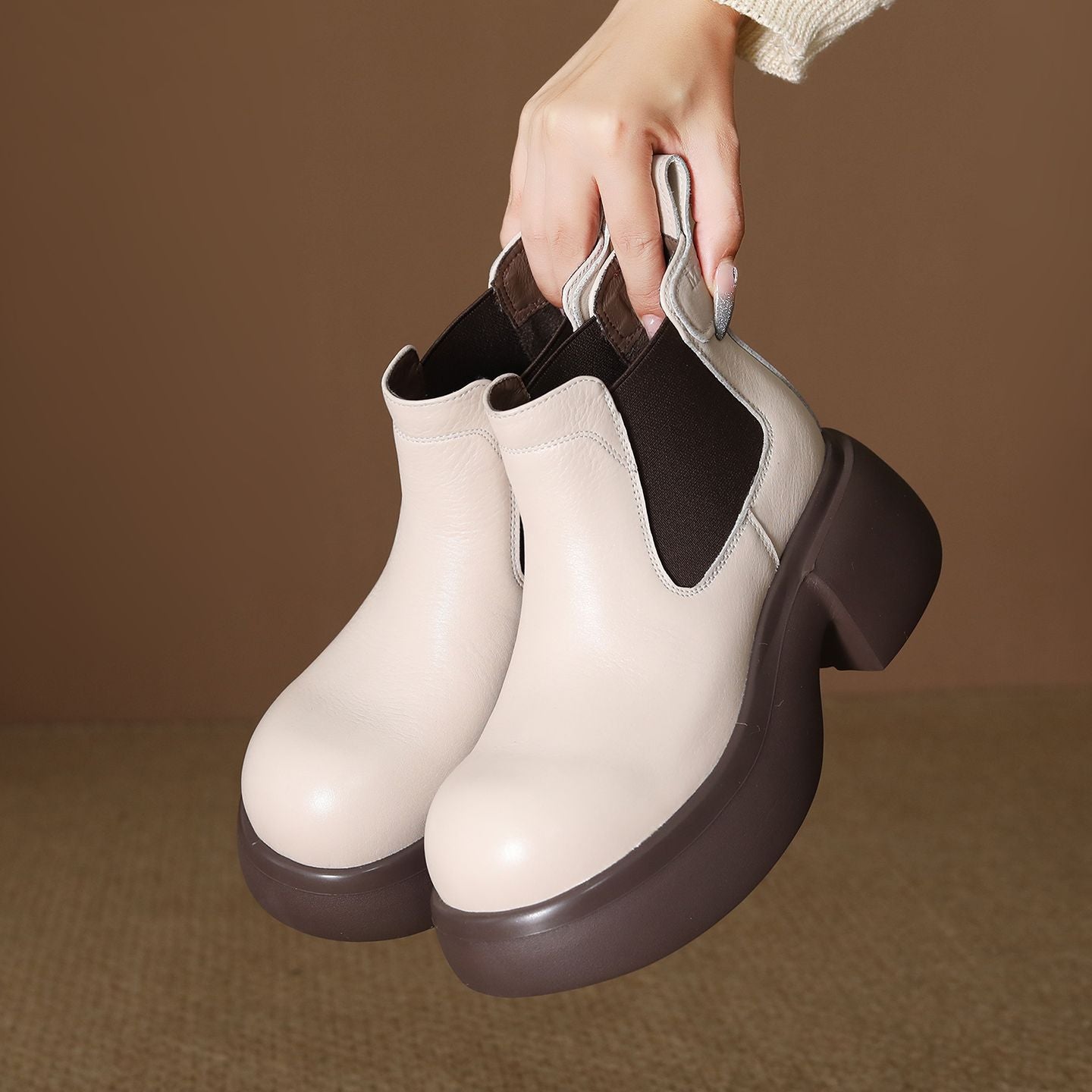 Women's Calfskin First Layer Cowhide Retro Ankle Martin White Chunky Smoke Women's Leather Boots