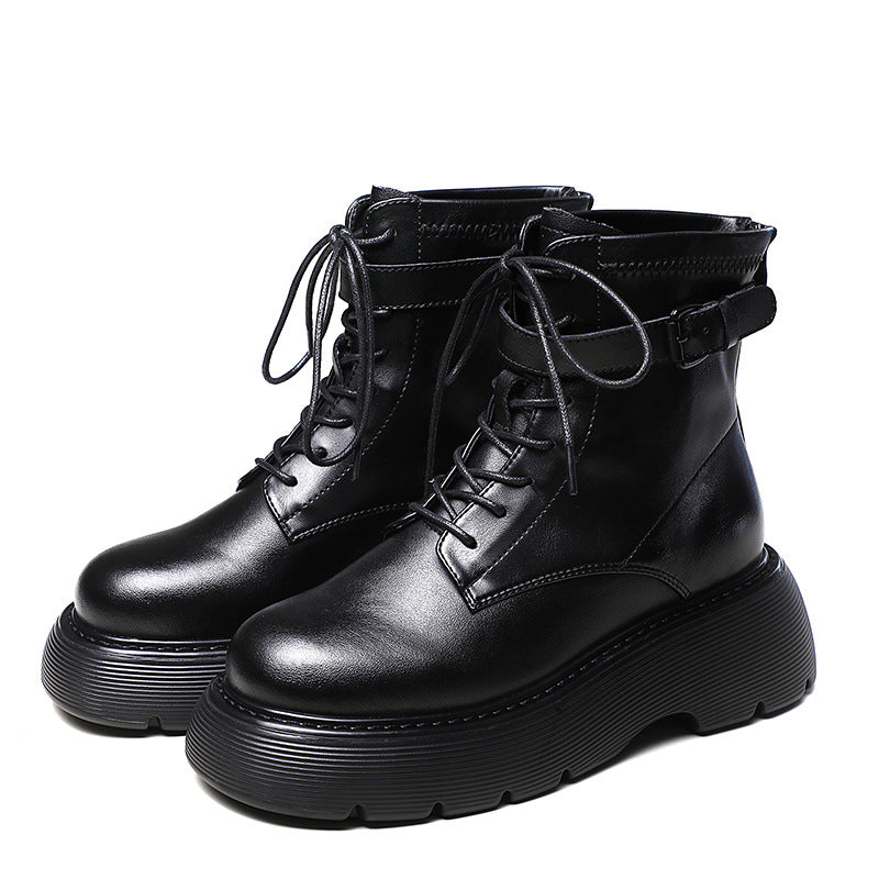 Women's Martin Chunky Ankle Vintage Buckle Fleece Lined Round Women's Leather Boots