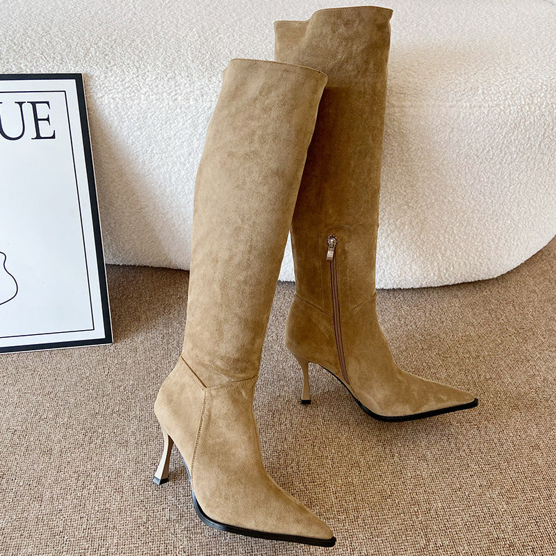 Women's Suede Pointed Toe Stiletto Pleated Pile Women's Leather Boots