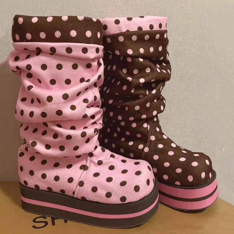 Chocolate Pink Polka Dot Muffin Platform Pleated Length Loose Socks Women's Snow Boots