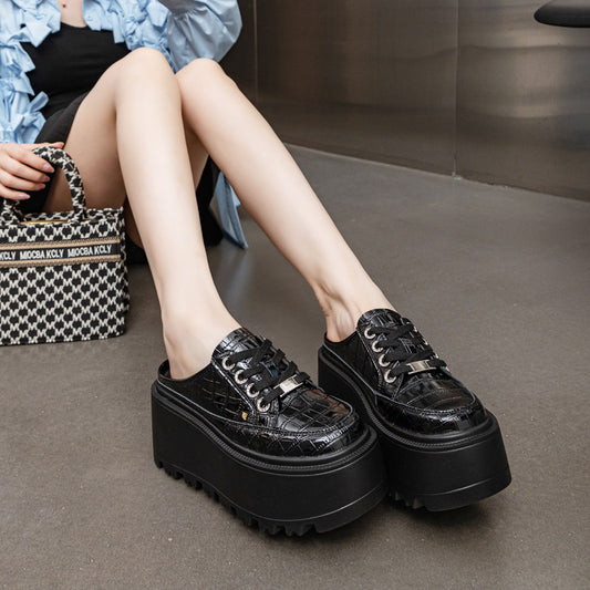 Women's Half Crocodile Pattern Platform Lazy Pump Thick-soles Slippers