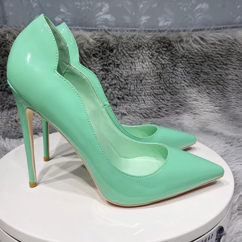 Women's Large Size Green Patent Side V Pointed Low-cut Women's Fashion Shoes