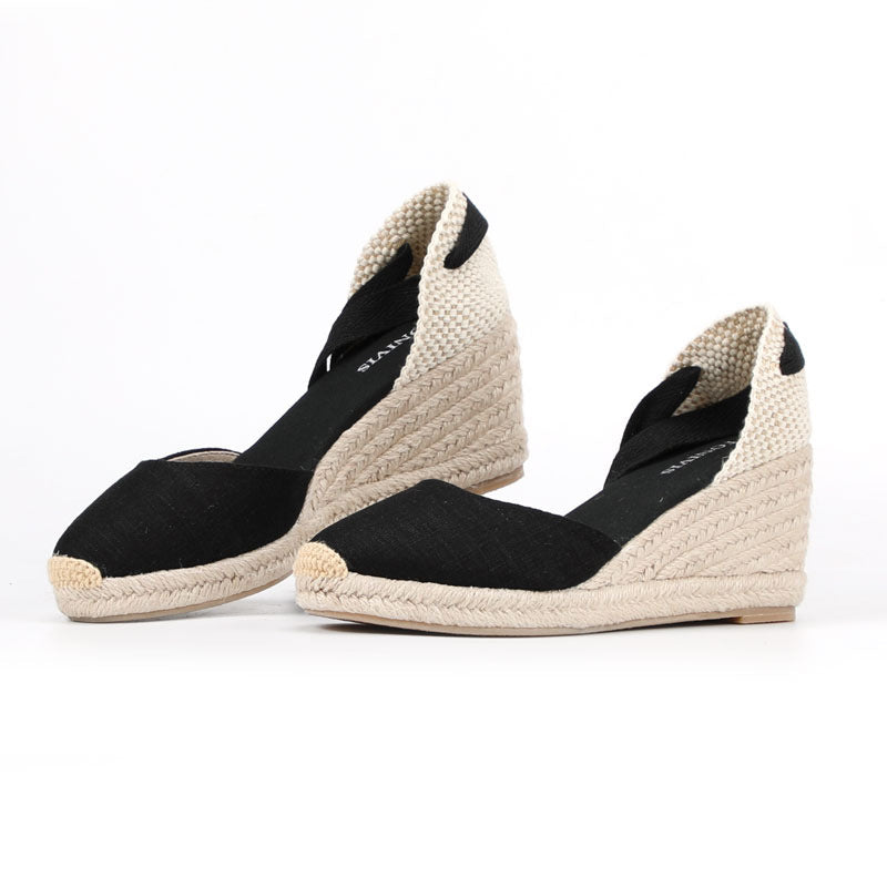 Women's Solid Color Hemp Sole Strap Wedge Sandals