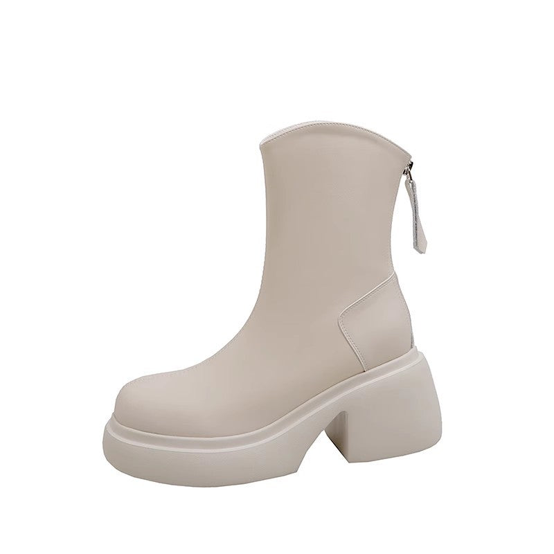Women's Skinny Short Chunky High Platform White Boots