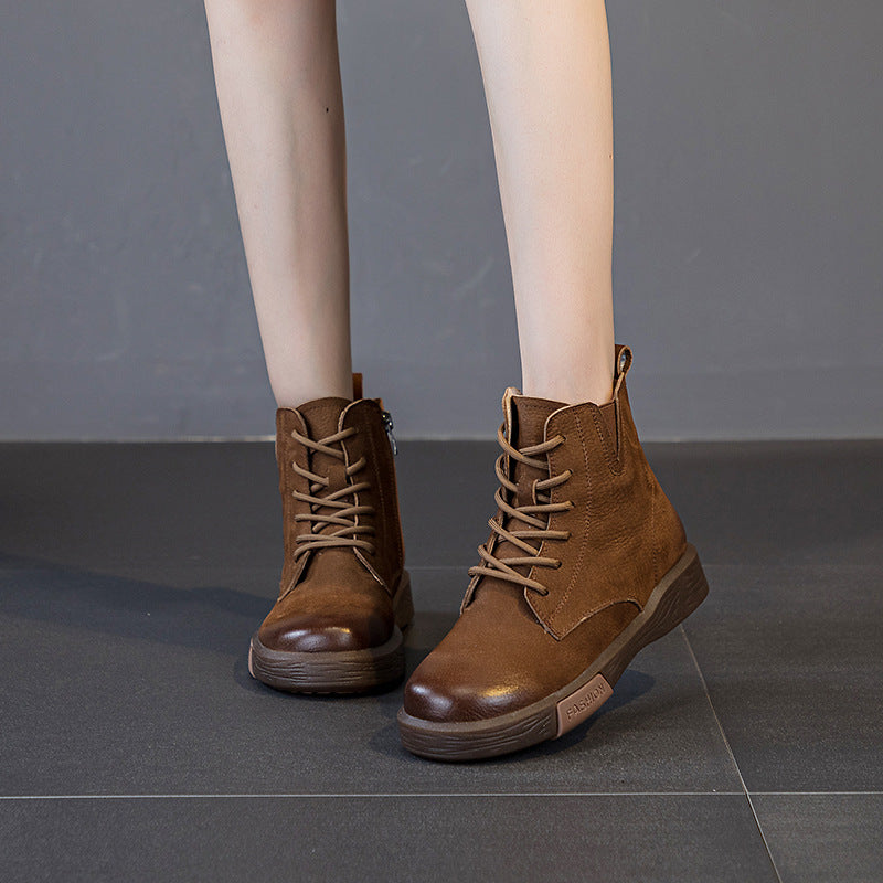 Women's Layer Cowhide Retro Lace Up Ankle Side Zipper Casual Shoes