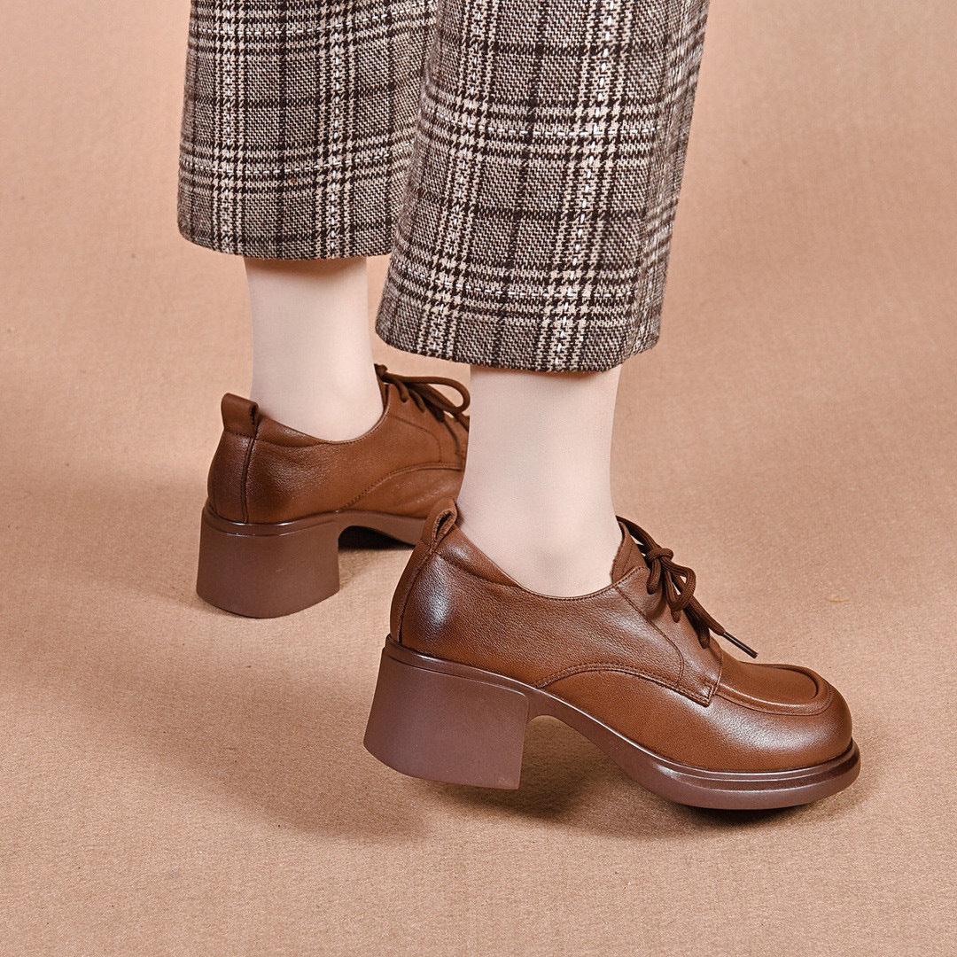 Women's Round Head Chunky Small Spring Full Grain Cow Preppy Loafers
