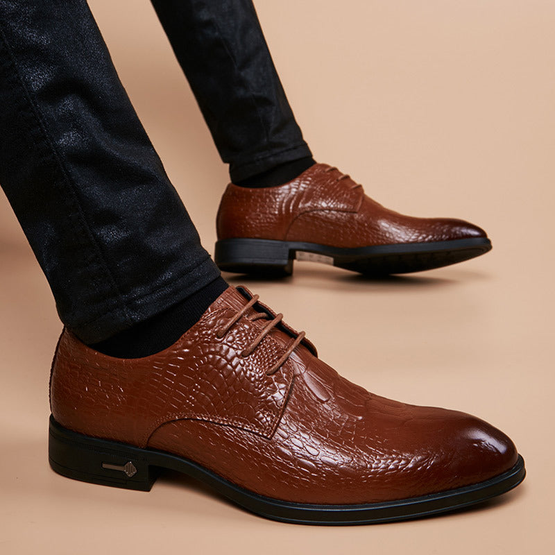 Men's Korean Style Genuine Groom Wedding Crocodile Pattern Green British Men's Business Leather Shoes