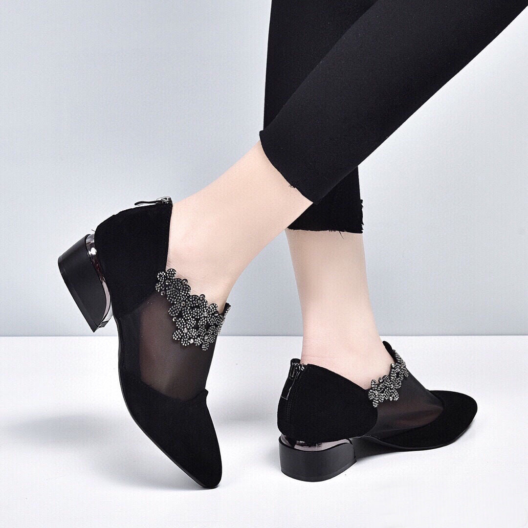 Women's Spring Pointed Mesh Sheepskin Rhinestone Black Women's Shoes