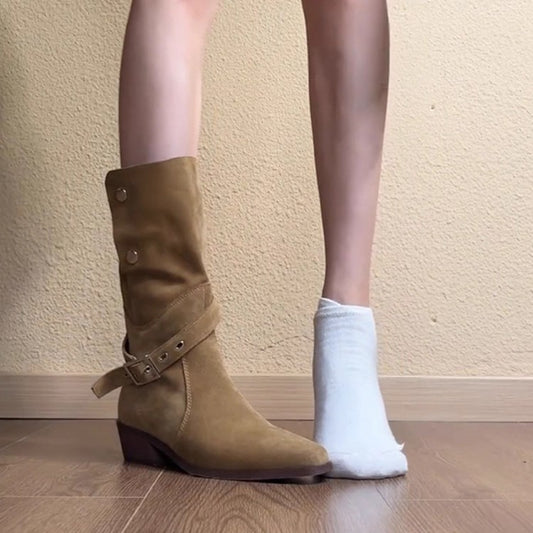 Women's Below The Knee Pile Style Chunky Knight Pleated Western Women's Leather Boots