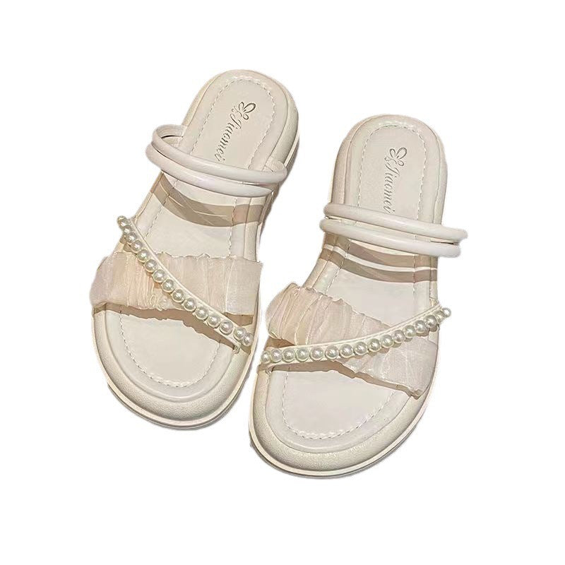 Women's French Style High-grade Summer Rhinestone Pearl Sandals