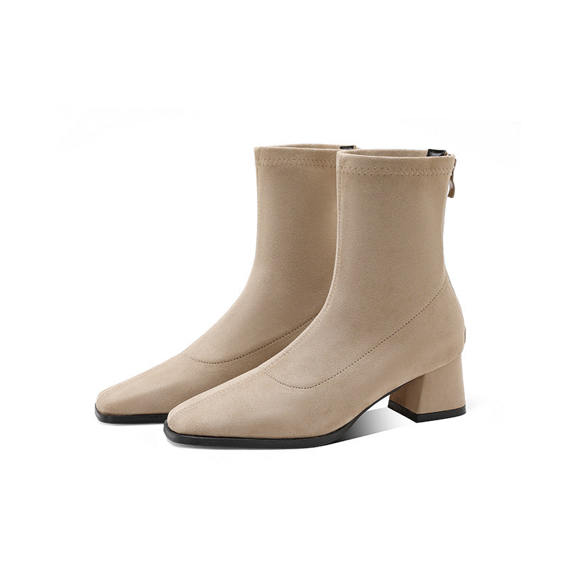 Women's Ankle For Elegant Simple Fashionable Slimming Back Zipper Square Women's Leather Boots