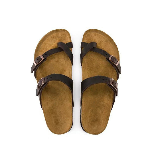 Women's & Men's Full Cowhide Toe Clip Cork Sole Daily Outerwear Sandals