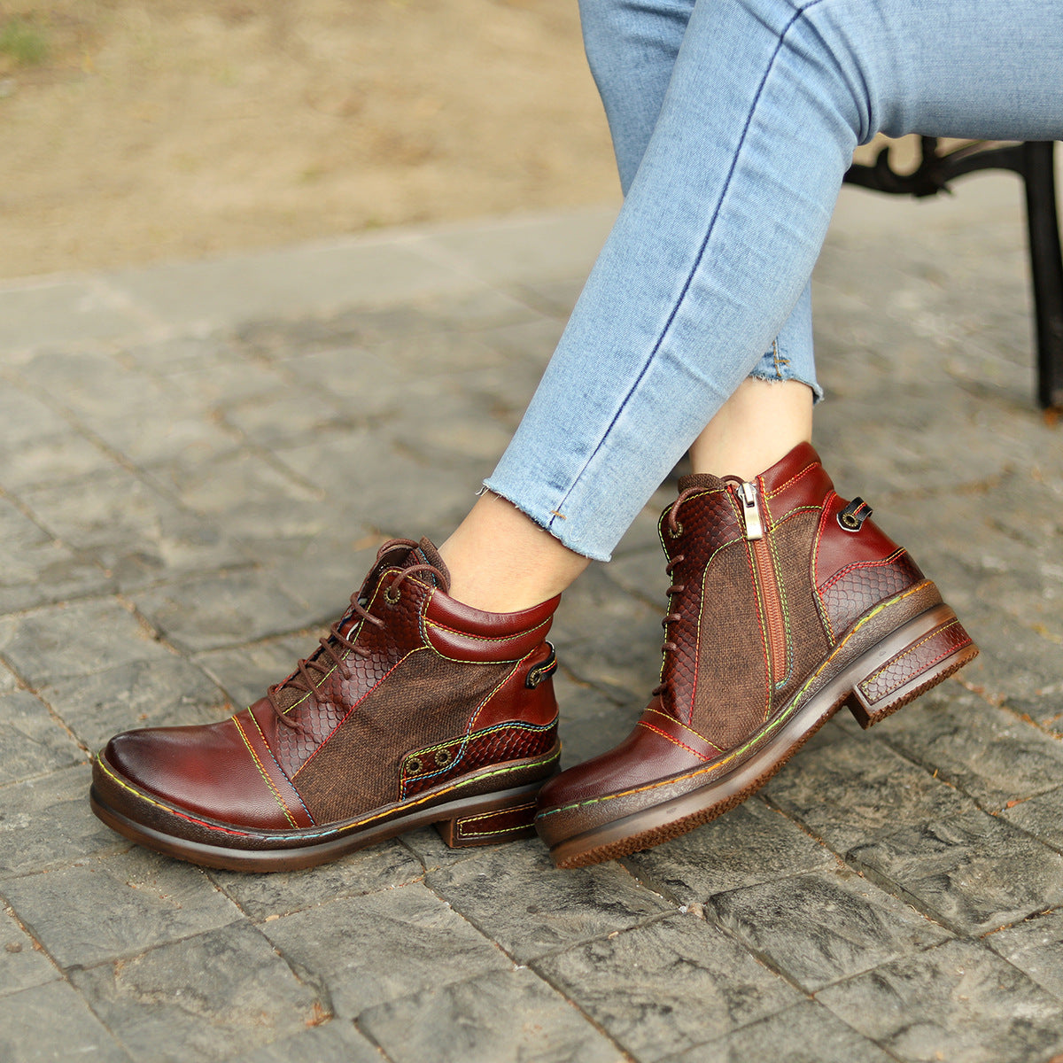 Women's Retro Textured Texture Motorcycle Chunky Women's Leather Boots