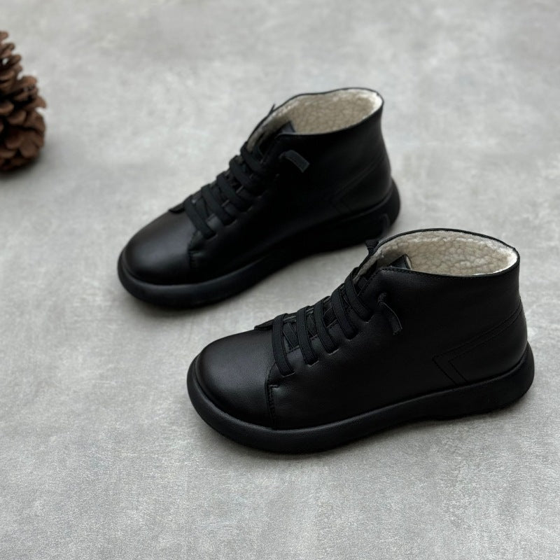 Women's Flat Bottom Elastic Slip-on Fleece-lined Warm Cowhide Women's Cotton Shoes